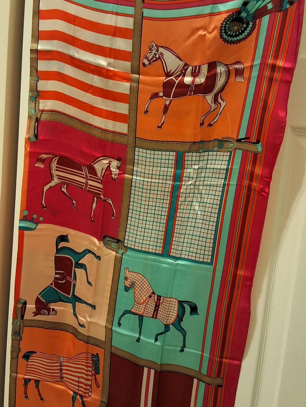 NEW, Vibrant Equestrian Print Silk Scarf - Orange, Teal, Fuchsia - Picture 7 of 7